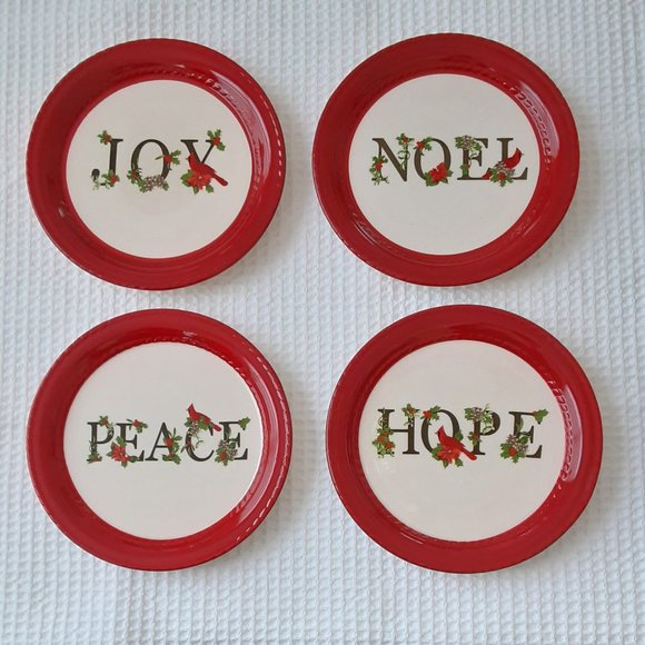 Unknown Holiday 4 Joy Peace Noel Hope Dessert Plates Christmas Holiday Cardinal Holly
